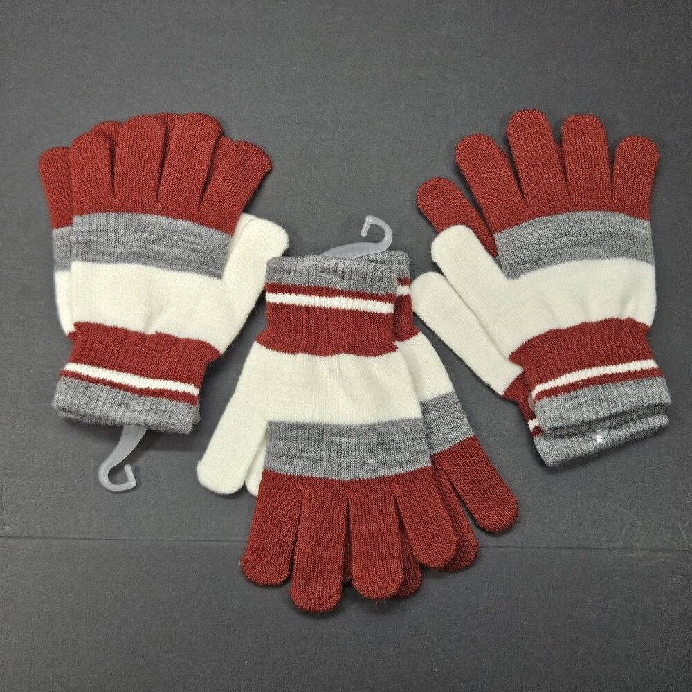 Youth Gloves Bundle‎ Of 3 One Size Boys Red, Ivory, Grey, Striped,  New, No Tag